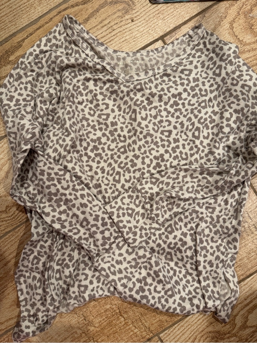 American Eagle Cozy Leopard Print Long-Sleeve Top - Taupe/White